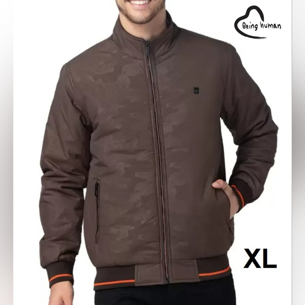 Being Human Brown Camo Bomber Jacket with Orange Accents Men's XL NWT